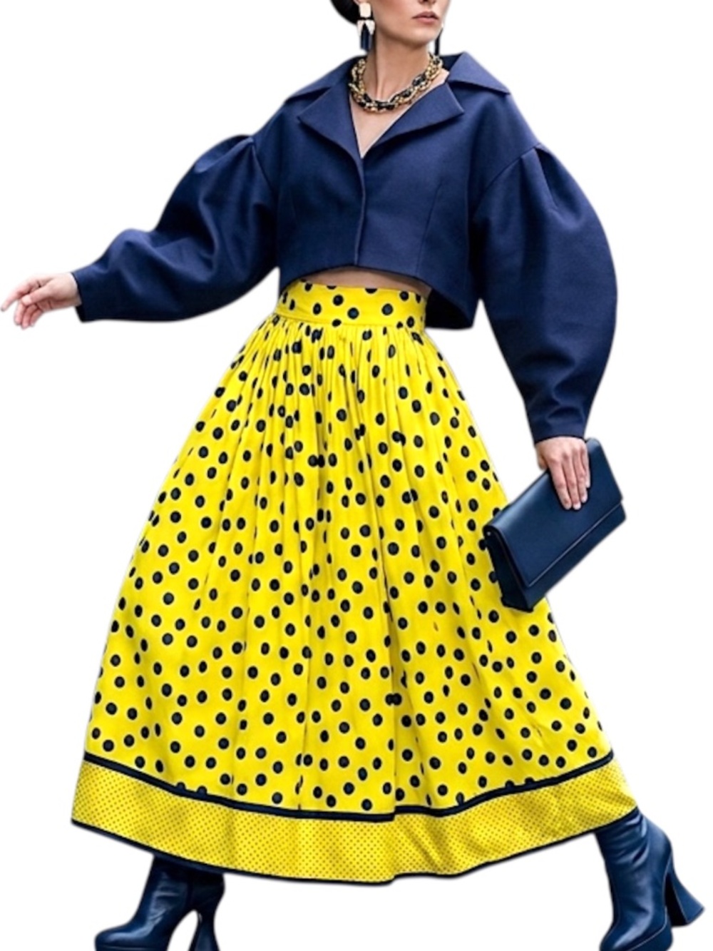 Vintage 80s 90s bright yellow navy blue polka dot retro full maxi skirt 4